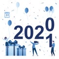 People celebrating new 2021 year. Funny party. Tiny people change numbers. Happy characters with gifts, balloons and confetti. 31