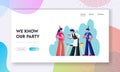 People Celebrating Party Website Landing Page. Man and Woman Holding Glasses Celebrating Holiday, Waiter Serving Guests Royalty Free Stock Photo