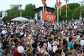 People during the celebration of Victory Day are watching a concert at the Exhibition of Economic Achievements.
