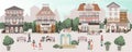 People on central square of cute old town, vector illustration