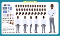 People character business set. Front, side, back view animated character. Black american Businessman character creation set.