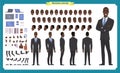 People character business set. Front, side, back view animated character. Black american Businessman character creation set.