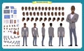 People character business set. Front, side, back view animated character. Black american Businessman character creation set.