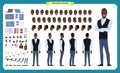 People character business set. Front, side, back view animated character. Black american Businessman character creation set.