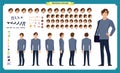 People character business set. Front, side, back view animated character.Businessman character creation set