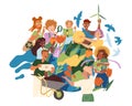 People Character Caring about Planet Gathering Near Earth Globe Saving Ecosystem Vector Illustration
