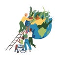 People Character Caring about Planet with Ladder Near Earth Globe Saving Ecosystem Vector Illustration