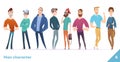 People character design collection. Males or manegers stand together. Young professional males poses.