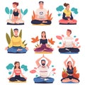People Character Doing Meditation Sitting in Lotus Pose Practicing Mindfulness Vector Set