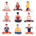 People Character Doing Meditation Sitting in Lotus Pose Practicing Mindfulness Vector Set