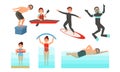 People Character Doing Water Active Sport. Summer Vector Illustrated Set