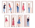 People Character at the Door Opening and Closing It Entering and Leaving Home Vector Illustration Set Royalty Free Stock Photo