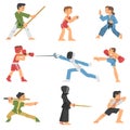 People Character Engaged in Combat Sport or Fighting Sport Competing Vector Illustration Set Royalty Free Stock Photo