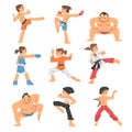 People Character Engaged in Combat Sport or Fighting Sport Competing Vector Illustration Set Royalty Free Stock Photo