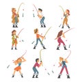 People Character in Fisherman Boots with Angling Rod Fishing Vector Illustration Set