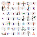 people character flat icon set with with professions, athletes and family