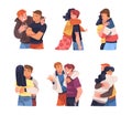 People Character Hugging and Embracing Each Other Expressing Friendly Feeling Vector Set