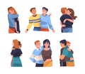 People Character Hugging and Embracing Each Other Expressing Friendly Feeling Vector Set