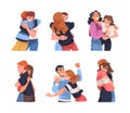 People Character Hugging and Embracing Each Other Expressing Friendly Feeling Vector Set