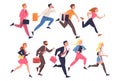 People Character Hurrying Running Fast Feeling Panic of Being Late Vector Illustration Set