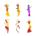 People Character Indian Dancers in Traditional Turban and Sari Dress Vector Set Royalty Free Stock Photo