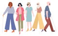 People character man woman blind disabled walking wearing glass stick with flat cartoon style