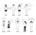 People Character Partaking in Demonstration for Love and Peace with Placard Vector Set Royalty Free Stock Photo