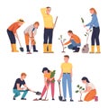 People Character Planting Tree Sapling in Soil Taking Care of Planet and Nature Vector Illustration Set