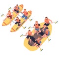 People Character Rafting in Inflatable Boat Rowing with Paddle Engaged in Water Sport Vector Set Royalty Free Stock Photo