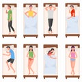 People character sleeping in bed, woman, man sleep