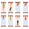 People character sleeping in bed, woman, man sleep