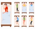 People character sleeping in bed, woman, man sleep