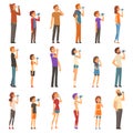 People Character Standing and Drinking Water from Plastic Bottle and Glass Big Vector Set Royalty Free Stock Photo