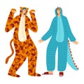 People character together pose animal carnival costume, male actor in tiger dinosaur suit isolated on white, flat vector