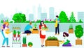 People character together roof urban gardening, female watering care green flower, male plant shrub cartoon vector