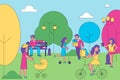 People character together walk in city park, group of human stroll urban garden, cheerful time spend line flat vector