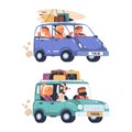 People Character Traveling by Car with Luggage Trunks on Roof Having Trip on Vacation Vector Set Royalty Free Stock Photo