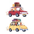 People Character Traveling by Car with Luggage Trunks on Roof Having Trip on Vacation Vector Set Royalty Free Stock Photo