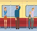 People Character Traveling Inside Electrical Train Holding Handrail Vector Set