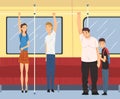 People Character Traveling Inside Electrical Train Holding Handrail Vector Set