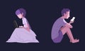 People Character Using Digital Gadget at Night Sitting on Bed Under Blanket Vector Set