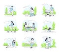People Character Walking in the Park Skateboarding, Sitting on Bench and Sunbathing Outline Vector Set
