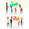 People Characters in Art Gallery Viewing Abstract Modern Exposition and Artwork Vector Set