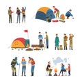 People Characters Camping Putting Up Tent and Hiking with Backpack Vector Set