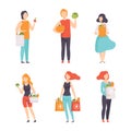 People Characters Carrying Shopping Eco Bags with Fresh Vegetables from Greengrocery Vector Set