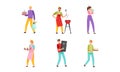 People Characters Celebrating Birthday Carrying Cake and Inflating Balloon Vector Illustration Set