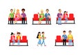 People Characters in the Cinema Sitting on Red Chair and Watching Movie with Popcorn Vector Set