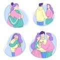 People Characters Comforting Touching and Hugging Each Other Warmly Vector Set