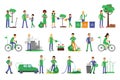 People Characters Contributing into Environment Preservation by Recycling and Sorting Trash Vector Illustration Set