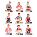People Characters Cooking at Home Wearing Apron Standing at Table Vector Set Royalty Free Stock Photo